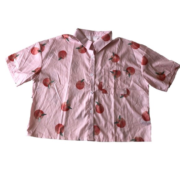 Shein Peach Boxy Shirt Women Pink Peach Design Button Collar Short Sleeve Large - Picture 1 of 12